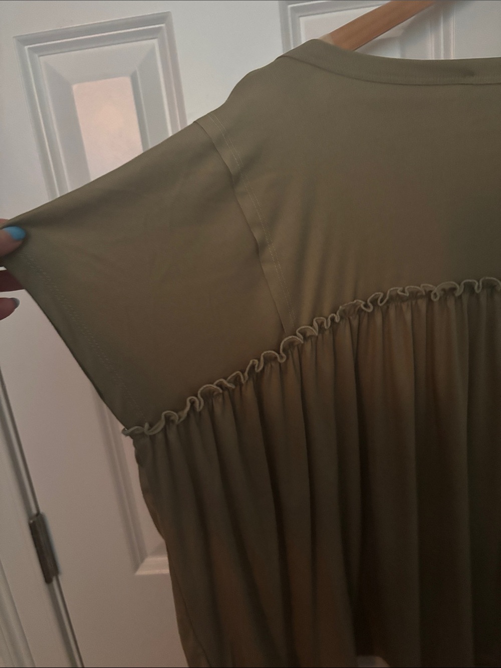 Three Bird Nest Olive Ruffle Yoke Short Sleeve Tunic - Picture 4 of 4